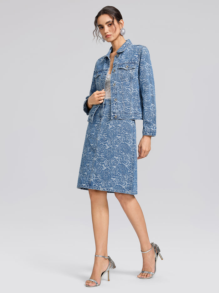 100% Cotton Denim Rose Print Skirt