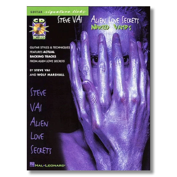 Steve Vai: Alien Love Secrets Tab Book cover shows a person with metallic purple-painted hands and face, mostly obscured. Features book info text and includes the Naked Tracks CD. Brand Name: Steve Vai.