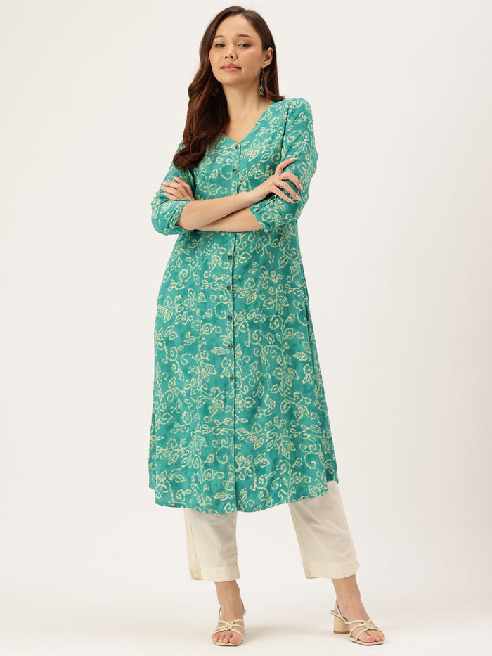 Blue Printed Kurta, Princess Cur Kurta, A-Line Kurta, Floral Print, Mandarin Collar kurta, printed kurta
