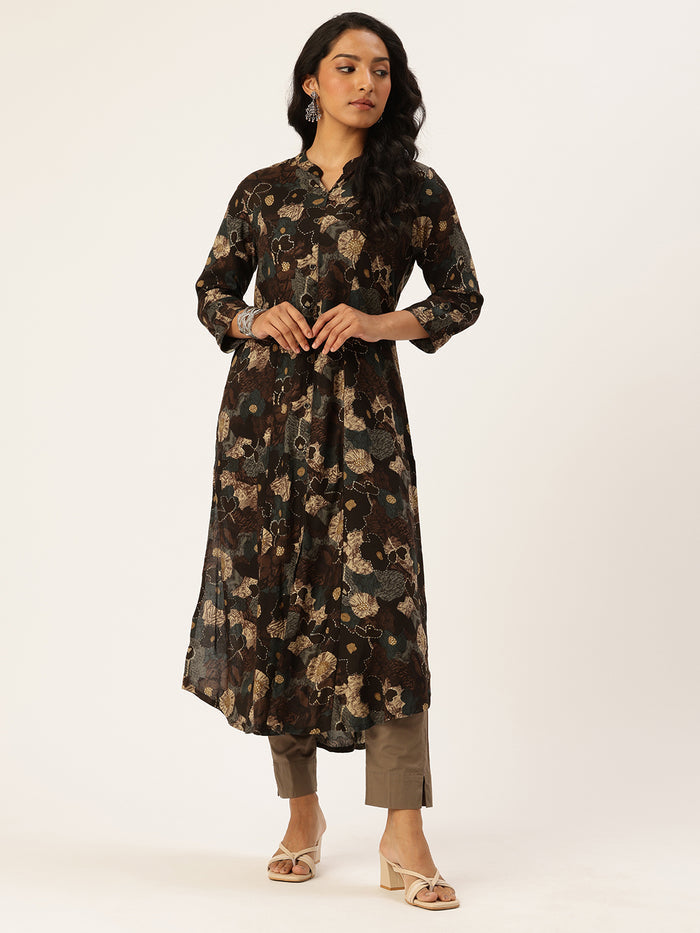 Brown Floral Printed Kurta, Princess Cur Kurta, A-Line Kurta, Floral Print, Mandarin Collar kurta, printed kurta