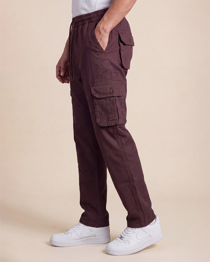 Brown Solid Cargo Pants For Men