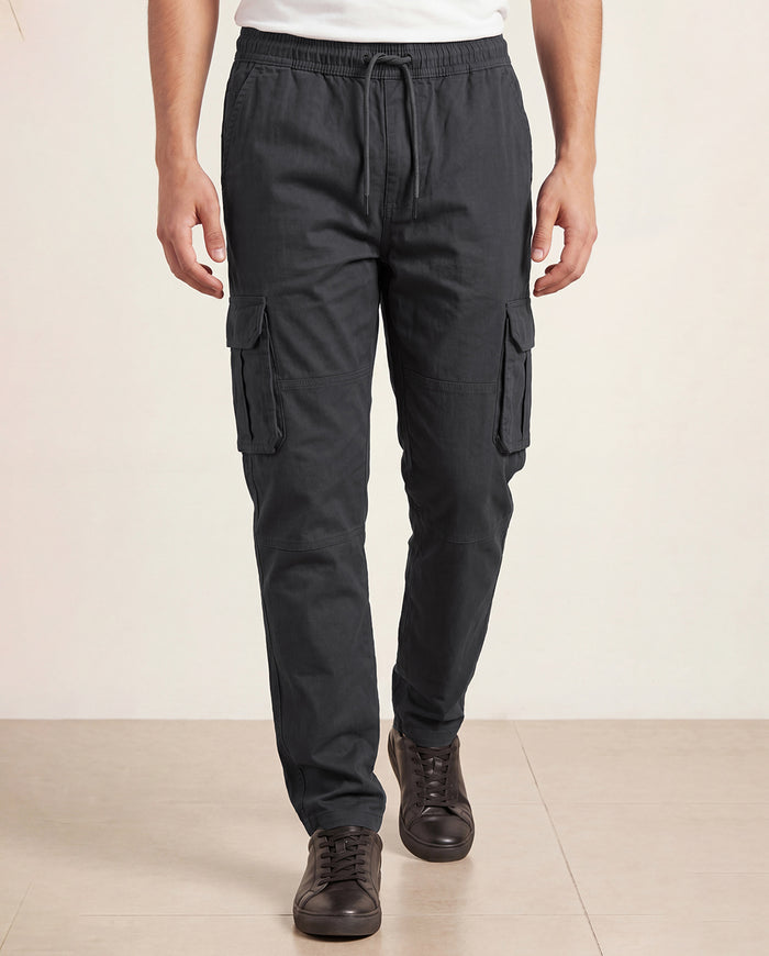 Charcoal Grey Solid Cargo Pants For Men