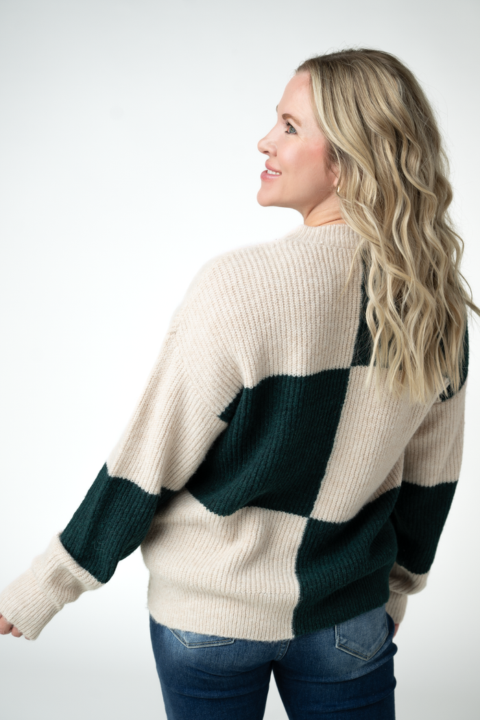 Checkered Block Sweater - Cream and Evergreen by Michelle Mae