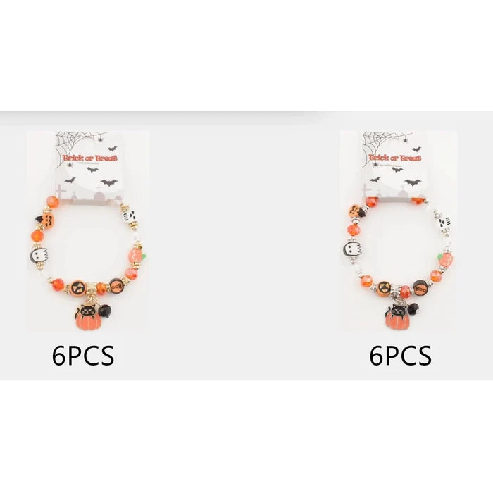 Cute Halloween Beaded Charm Bracelet – Black Cat, Pumpkin, Ghost & Candy Corn Jewelry (CB2694)