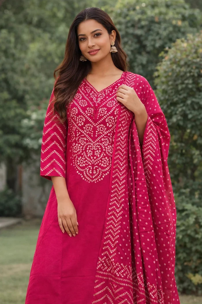 Vibrant pink ethnic kurta with white geometric patterns at the neckline and a matching dotted dupatta.