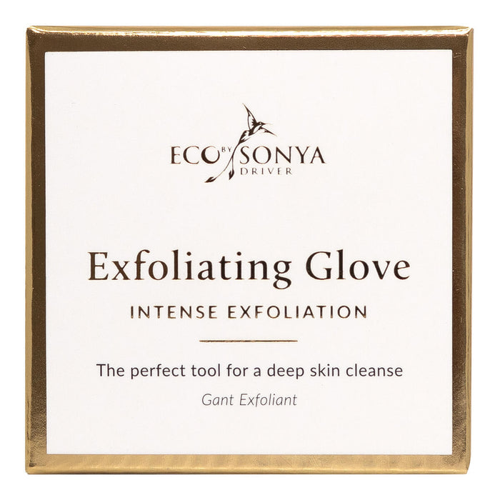 Exfoliating glove packaging with 'Eco by Sonya' branding on a white background.