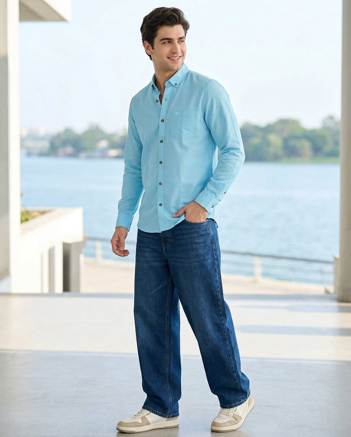 Full-Sleeve Breeze Linen Shirt in Light Blue