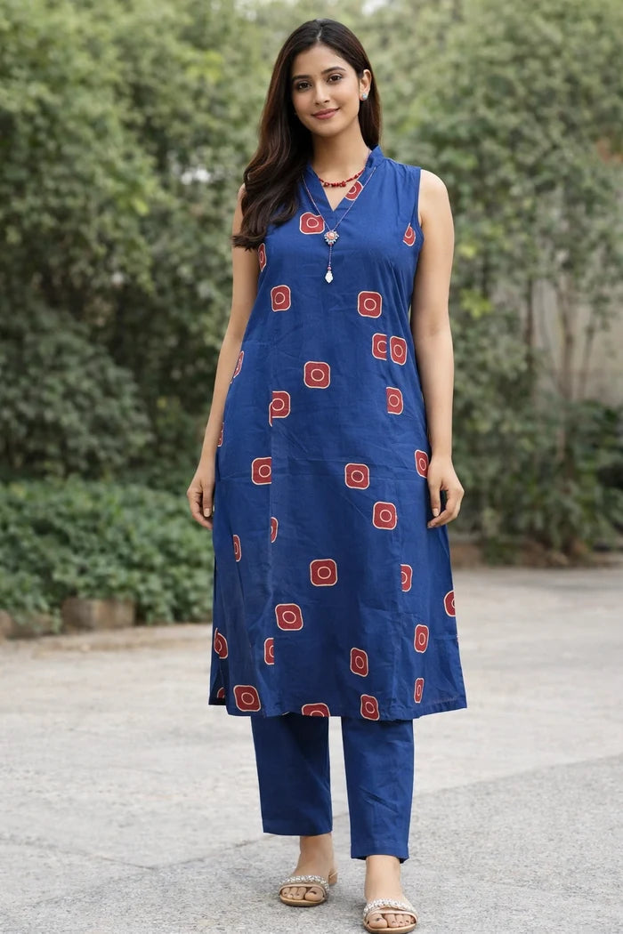 Woman wearing a blue kurta with red patterns outdoors