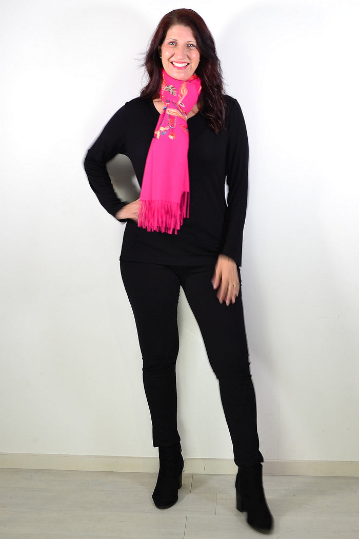 Hot pink soft embroidered scarf wrap by ivys featuring delicate embroidery and lightweight fabric for stylish comfort.