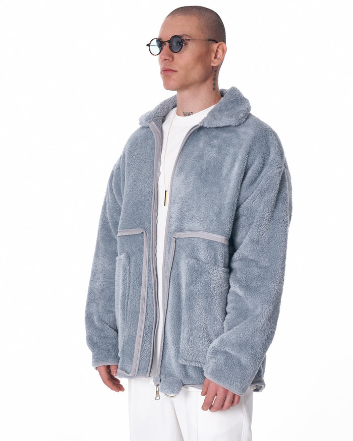 Martin Valen HOTS men's gray plush cardigan front view, torso shot showing front pockets and contrast trim