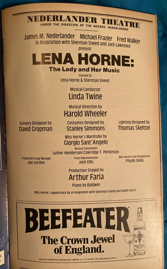 "Lena Horne: The Lady and Her Music." Playbill Theatre Program. Nederlander. 12/1981.