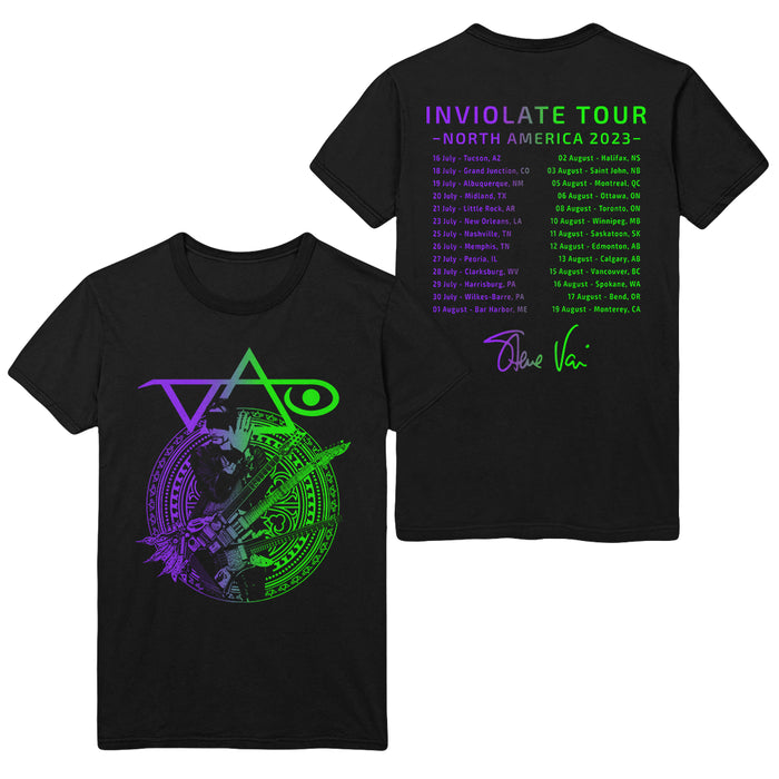 Steve Vai black T-shirt with neon green and purple design featuring an abstract guitarist and Vai logo on the front; back lists Inviolate Tour 2023 North American summer dates and locations in matching colors.