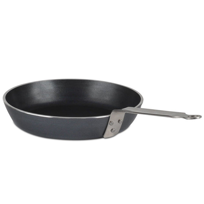 A black non stick pan with a stainless steel handle on white background.