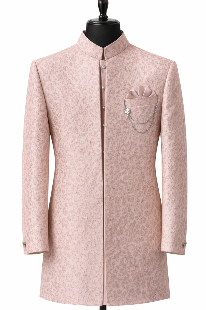Men’s Blush Pink Jacquard Self-Patterned Indo-Western Sherwani