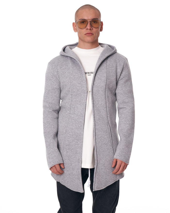Martin Valen men's long grey cardigan front view with hood down and model wearing sunglasses