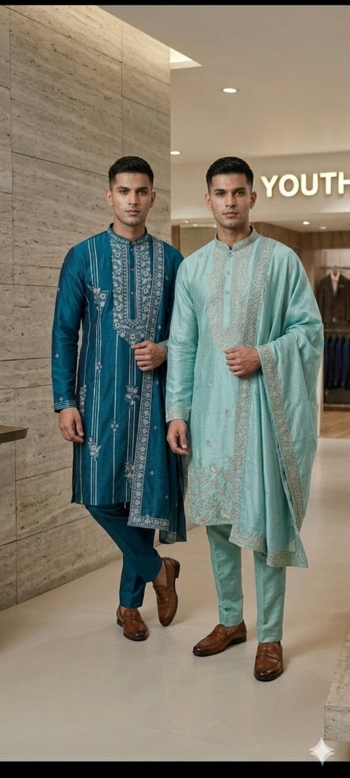 Men’s Premium Teal Blue Embroidered Kurta Set with Dupatta