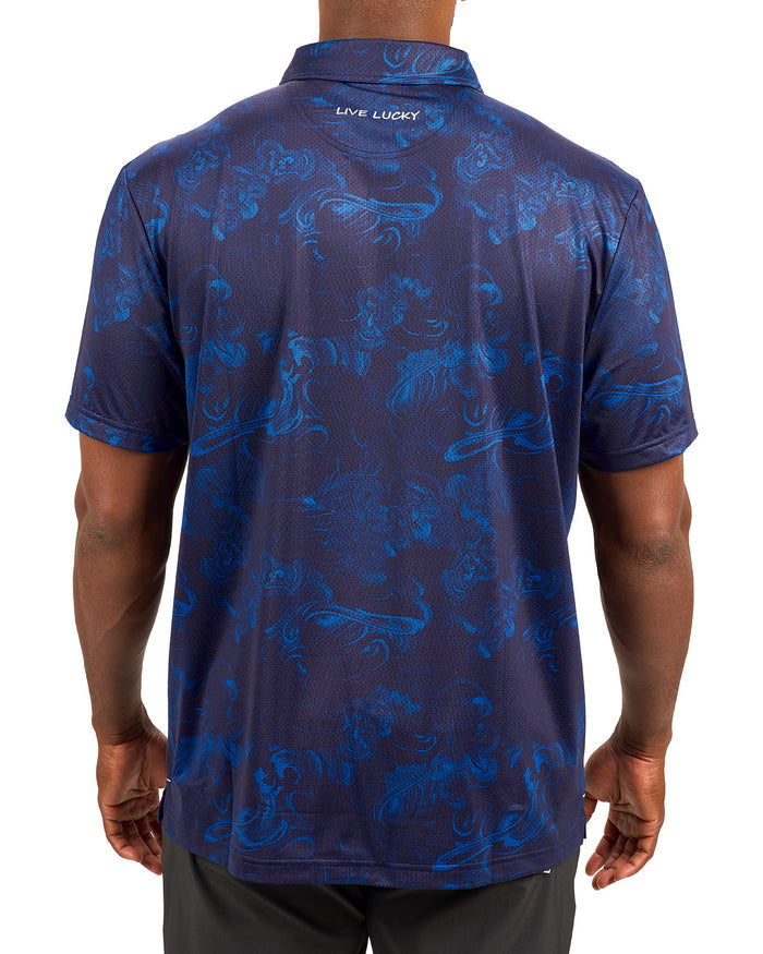 Man wearing blue polo with unique pattern from Black Clover