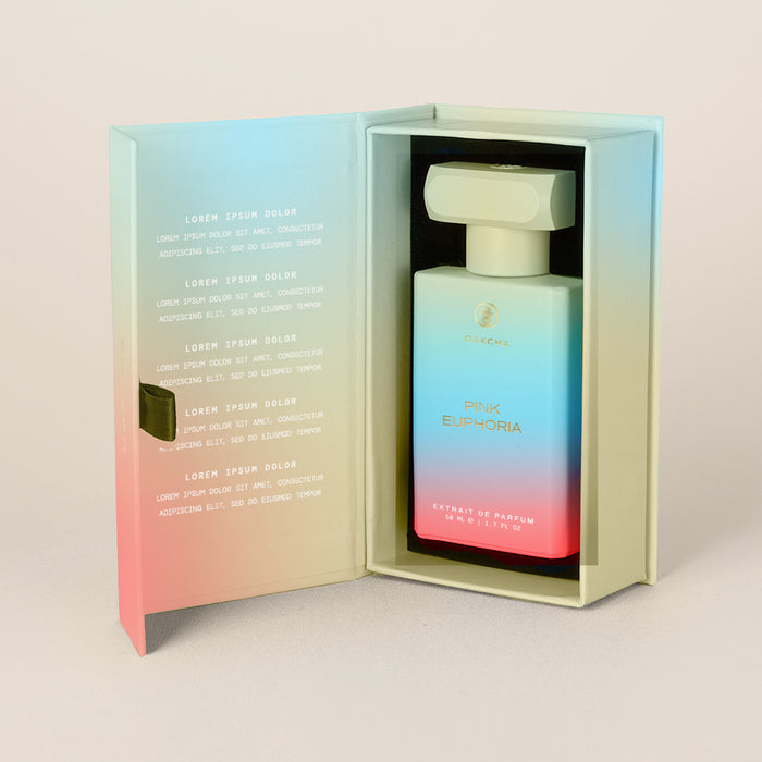 Front view of Pink Euphoria perfume bottle with ombre finish and white cap in open box on beige backdrop