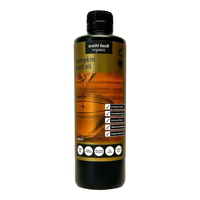 500ml bottle of Waihi Bush Pumpkin Seed Oil.