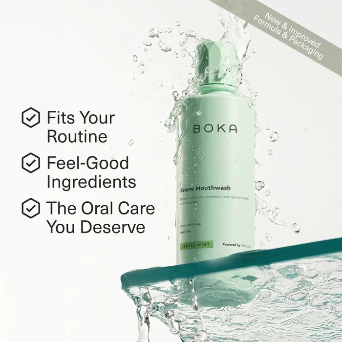 Boka mouthwash bottle with water splash and promotional text on a white background
