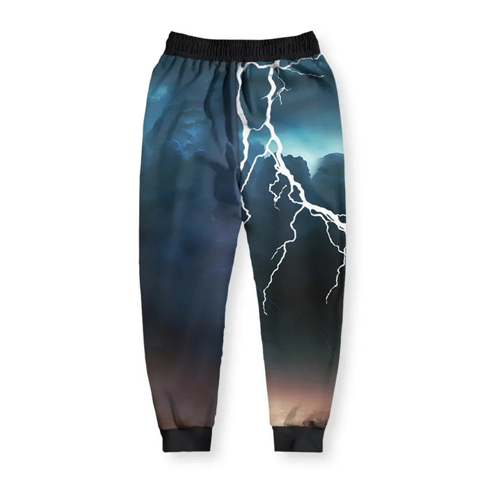 Return of the Lightning Cat Joggers - The cinematic juxtaposition of a photorealistic, shadowed cat summoning a **Crackling Lightning white (#FFFFFF)** bolt against a backdrop of **Amethyst Storm purple (#4A235A)** clouds accented by moody **Electric Teal (#2E86C1)** highlights.