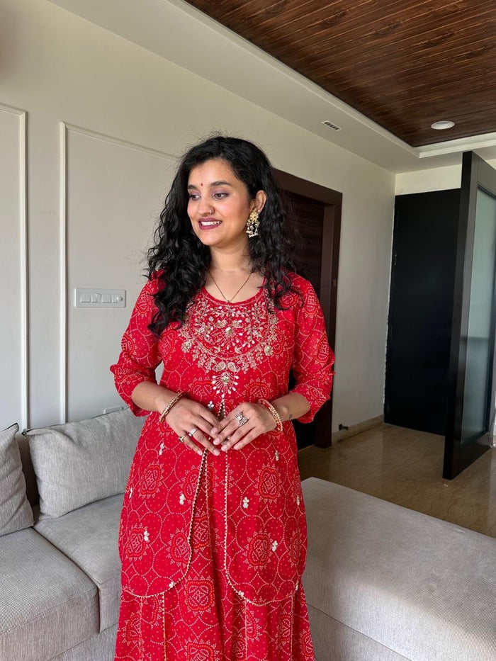 Shyama Red Bandhej Georgette Skirt Set