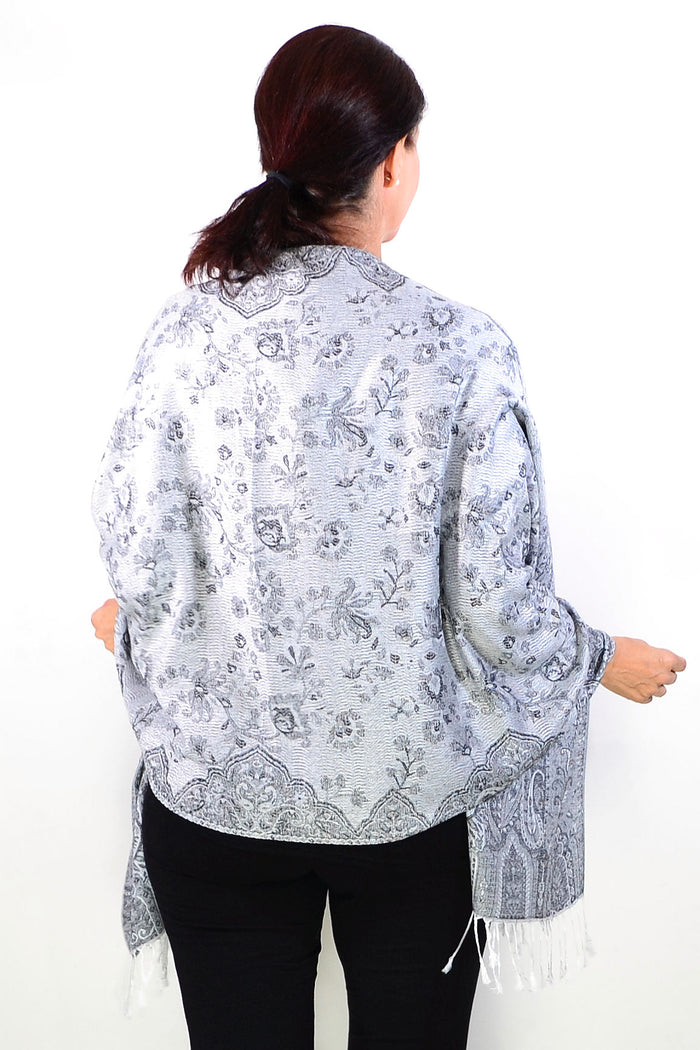 Silver grey paisley print scarf wrap by ivys, featuring intricate paisley patterns on soft fabric for stylish women’s accessories.