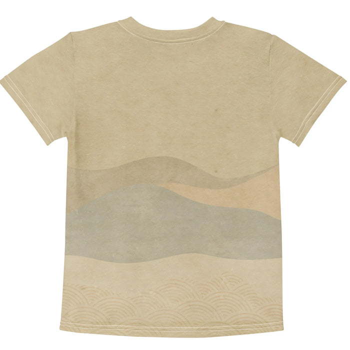Street Catfish Kid's Tee - The anthropomorphic catfish in rust-toned (#9A4E46) haori strumming a shamisen against the #D6C8A4 parchment background