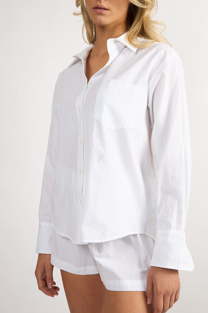 White embroidered cotton Everyday Boyfriend Shirt with a relaxed fit and button-down front.