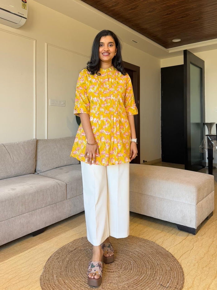 Tira Pintuck Cotton Top- Yellow Pink Florals