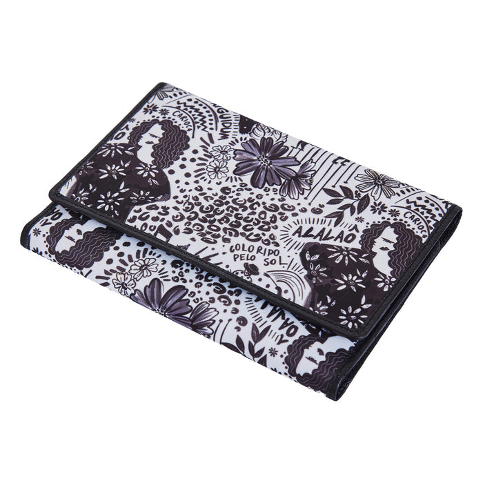 Women's black & white trifold travel wallet for daily use and trips-full front view
