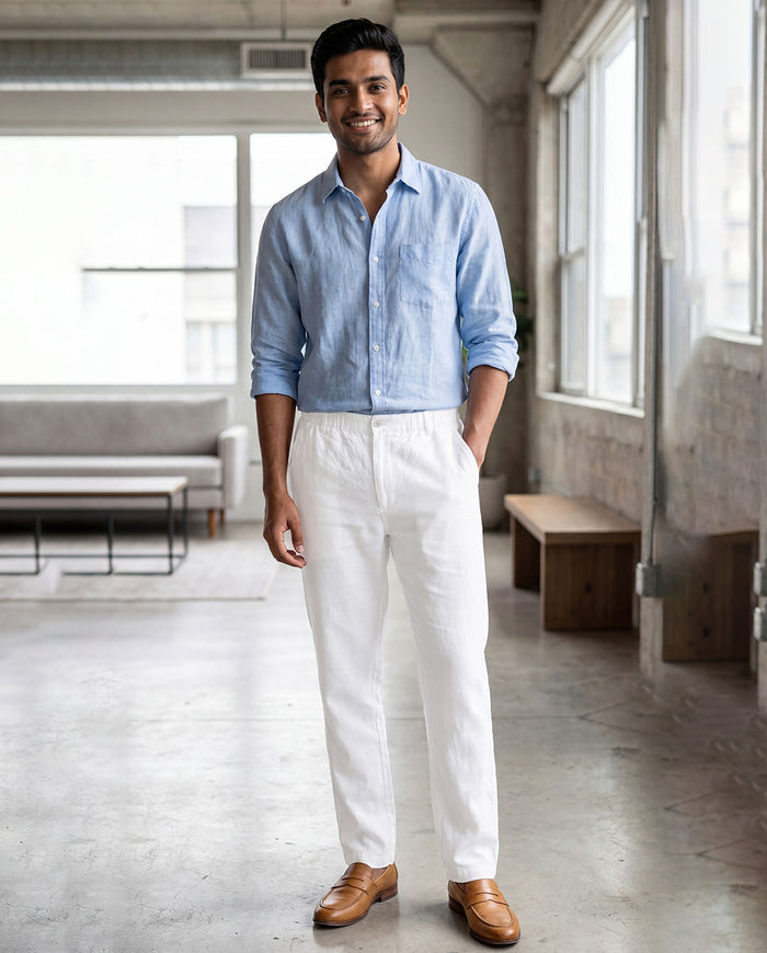 White Casual Linen Pants For Men