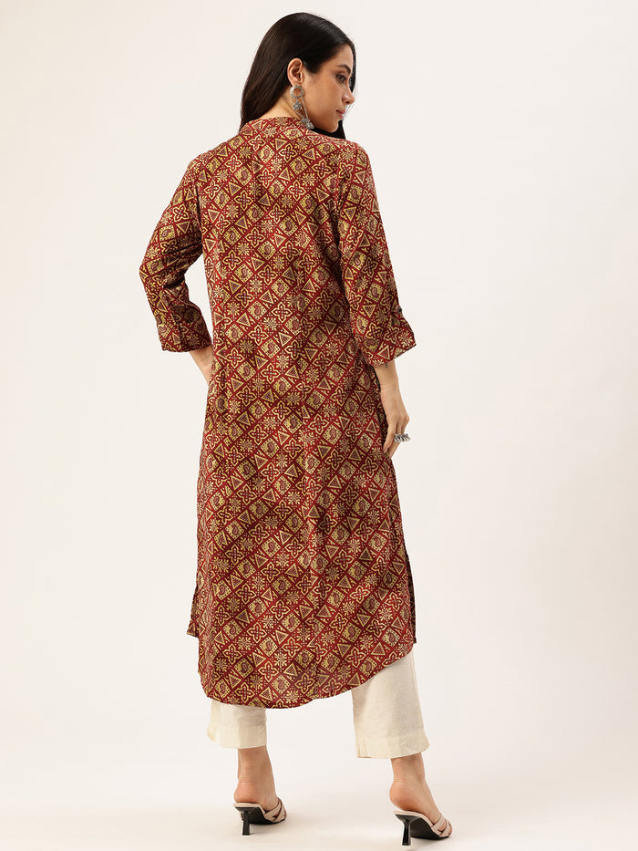 Wine Geometric Printed Kurta, Princess Cur Kurta, A-Line Kurta, Geometric Print, Mandarin Collar kurta, printed kurta