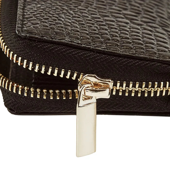 WINGS Mały portfel damski ze skóry naturalnej zapinany na zamek CROCO BLACK LEATHER COLLECTION