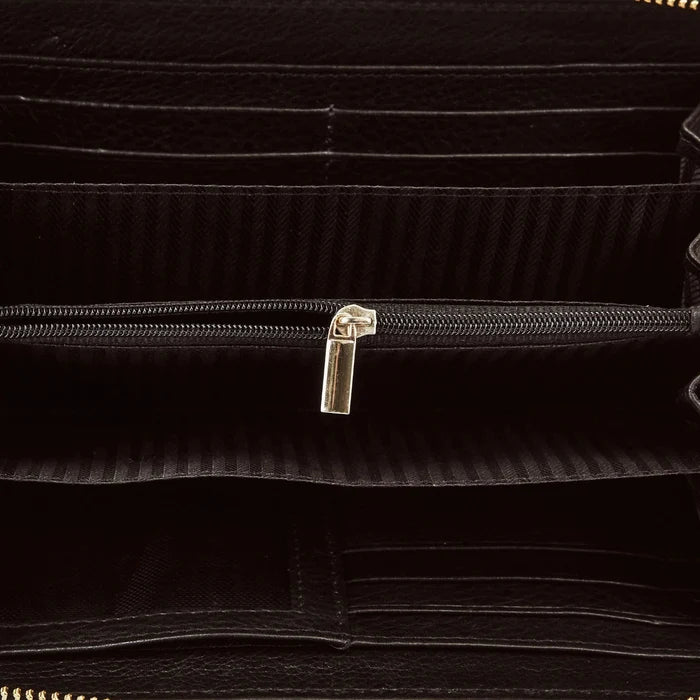Damski portfel skórzany z paskiem na nadgarstek WINGS CROCO BLACK LEATHER COLLECTION