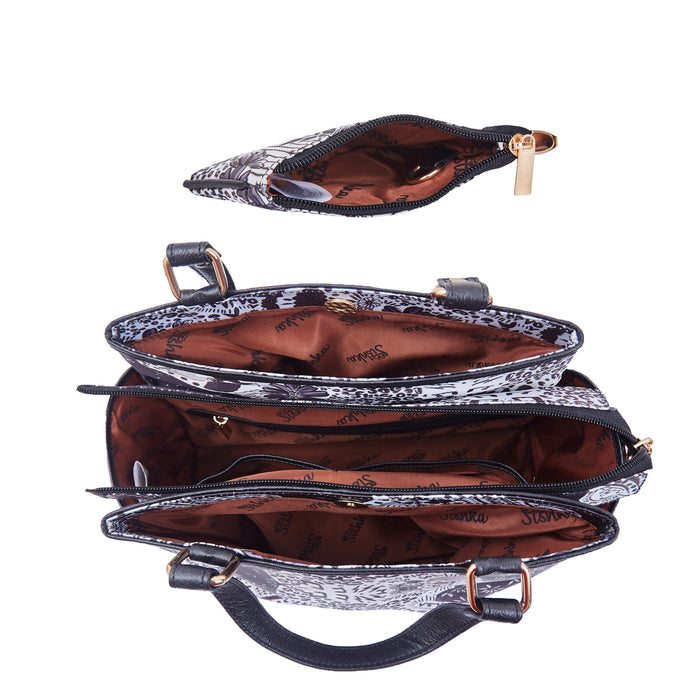 Women's travel combo black & white satchel bag and coin pouch-interior view