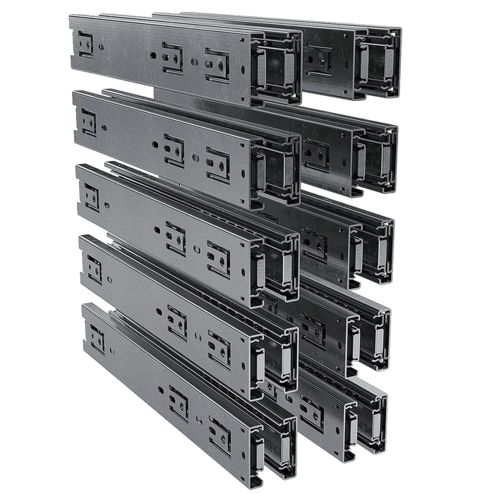 angled left view of 10-pair pack of 16-inch steel drawer slides