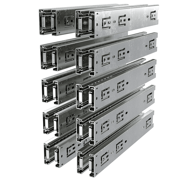 Angled right view of 10-pair bundle of 16-inch ball-bearing drawer slides