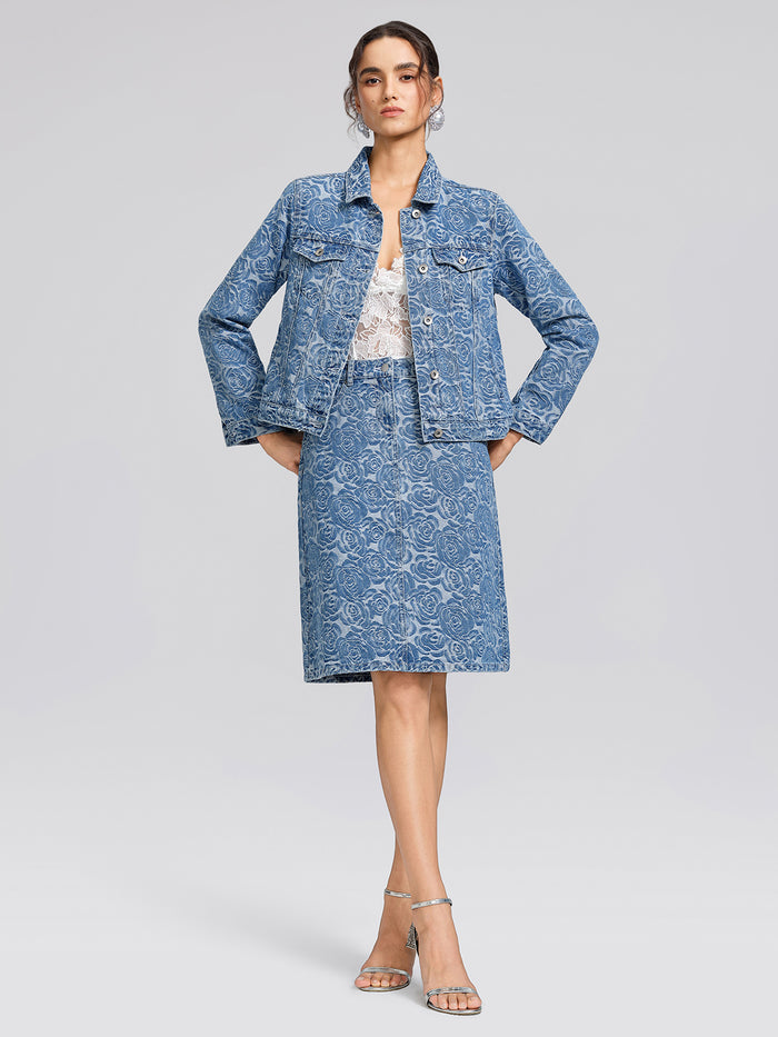 100% Cotton Denim Rose Print Skirt