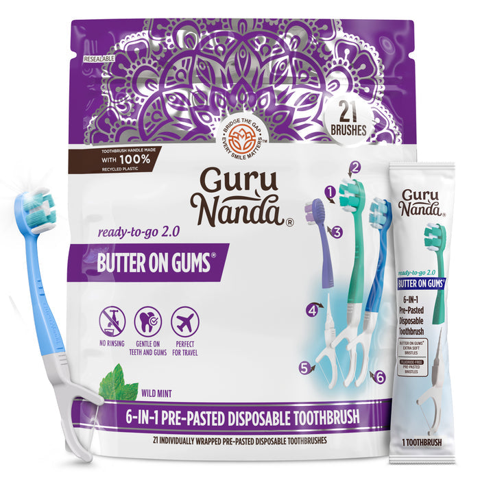 6-in-1 Ready-to-Go Butter on Gums Pre-Pasted Toothbrushes 2.0 — 24 Bags/Case, 21 Brushes/Bag (504 Total Brushes)