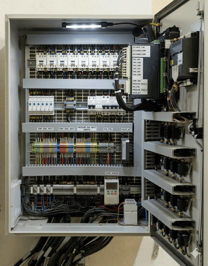 Electrical panel with door open showing wire duct and din rail terminal blocks inside