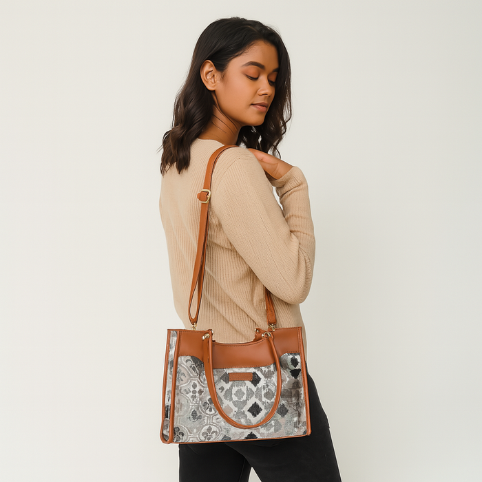 Women’s abstract tapestry vegan‑leather crossbody satchel for travel, office, work, and daily use — Canada & USA-model image