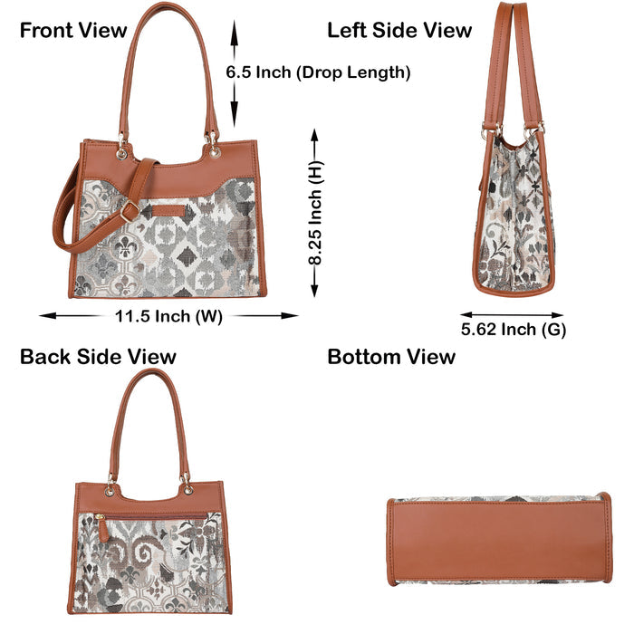 Women’s abstract tapestry vegan‑leather crossbody satchel for travel, office, work, and daily use — Canada & USA- infographic image