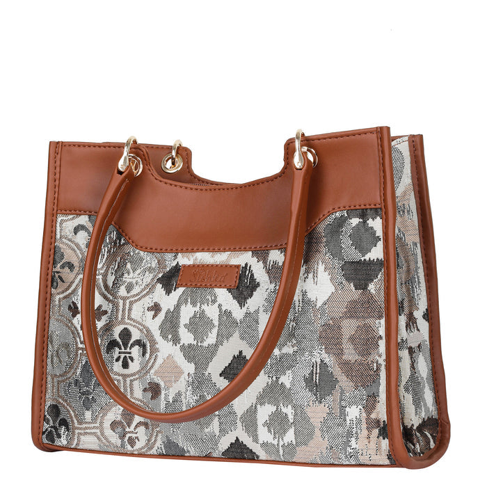 Women’s abstract tapestry vegan‑leather crossbody satchel for travel, office, work, and daily use — Canada & USA-half side view