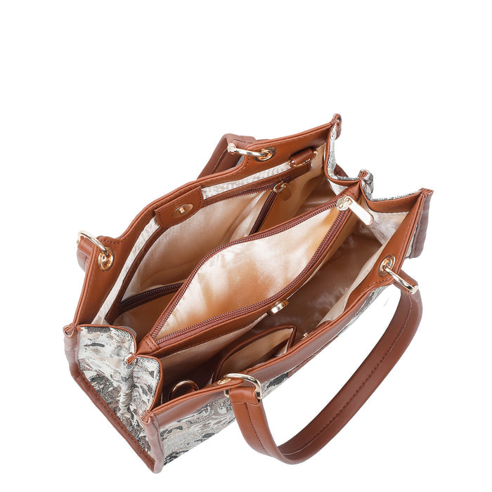 Women’s abstract tapestry vegan‑leather crossbody satchel for travel, office, work, and daily use — Canada & USA-interior image