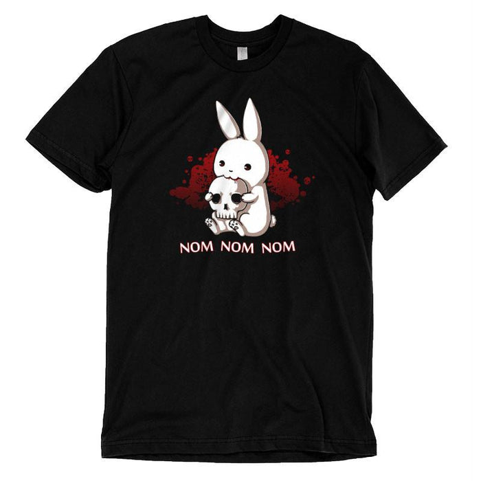 Premium Cotton T-shirt_TeeTurtle black Adorable Monstrosity featuring an adorable bunny biting into a skull with the words "nom nom nom."