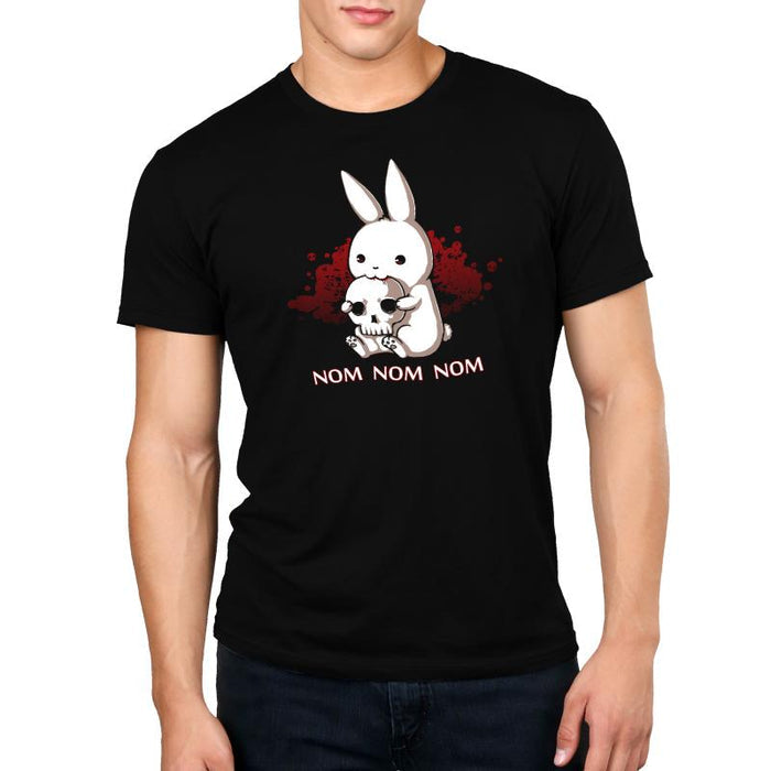 Premium Cotton T-shirt_TeeTurtle black Adorable Monstrosity featuring an adorable bunny biting into a skull with the words "nom nom nom."