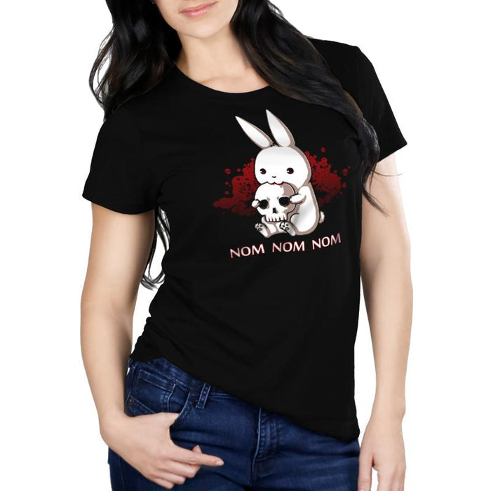Premium Cotton T-shirt_TeeTurtle black Adorable Monstrosity featuring an adorable bunny biting into a skull with the words "nom nom nom."