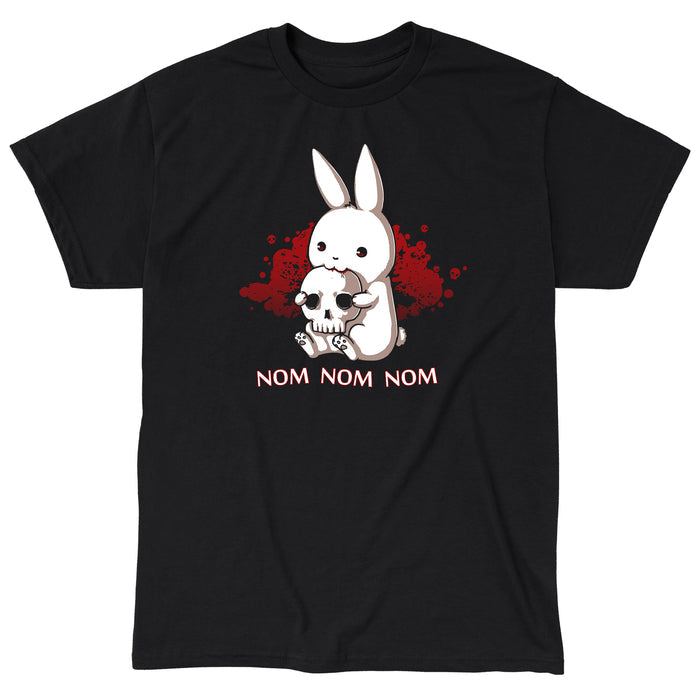 Classic Cotton T-shirt_TeeTurtle black Adorable Monstrosity featuring an adorable bunny biting into a skull with the words "nom nom nom."