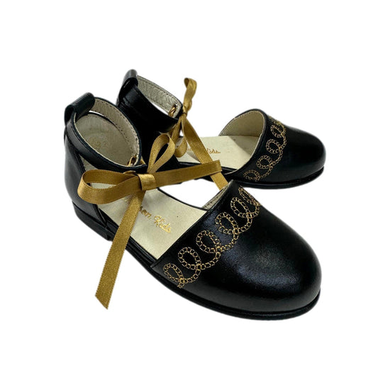 Alexis black leather girls sandals with gold embroidery, satin tie straps, leather insoles, and anti slip rubber sole.